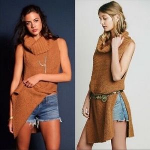 Free People Cowl Neck Sleeveless Sweater Side Slits Camel Brown